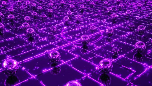 Futuristic Neon Purple Grid with Reflective Spheres and Particle Lights