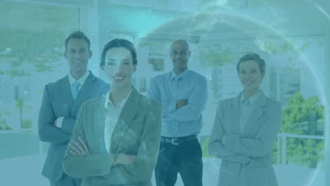 Diverse Business Team with Globe Animation in Modern Office