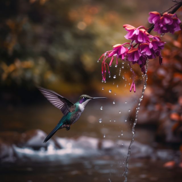 Hummingbird hovering by purple flower with water drops, created using generative ai technology. Beauty in nature, wildlife, agility and feeding concept digitally generated image.