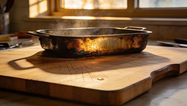 Steaming rustic roasting pan resting on well-worn wooden cutting board in warm sunlight
