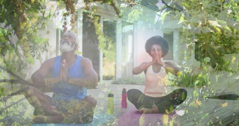Senior Couple Meditating in Nature with Transparent Foliage
