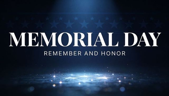 Memorial day tribute spotlight with bold serif headline and starry navy blue background