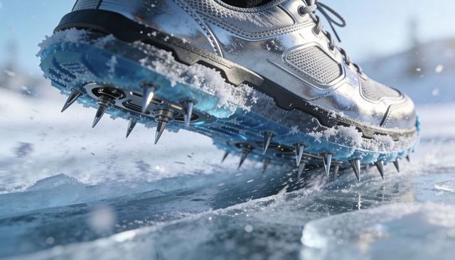 Spiked winter traction shoe digging into ice sending flying ice shards and snow spray