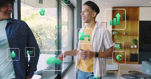 Young man holding mug and gesturing by glass door with green sustainability icons overlay