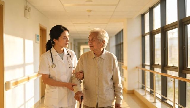 Nurse supporting senior woman walking with cane in sunlit clinic corridor, compassionate care