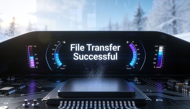 Curved digital dashboard displaying file transfer successful above processor circuit board