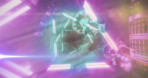 Rotating neon hex tunnel with circuitry panels and kaleidoscopic futuristic glow