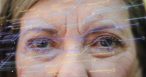 Senior woman closeup with neon circuit overlays highlighting eyes and wrinkles for health tech