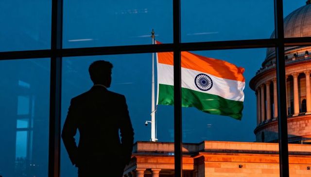 Executive silhouette gazing at indian flag over neoclassical domed building through window