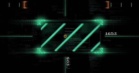 Scanning teal hud target interface with diagonal scan bars, code glitch and numeric marker