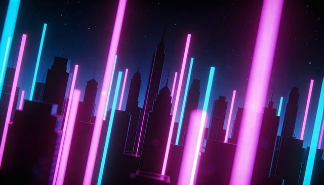 Neon cyberpunk cityscape with magenta and cyan light beams over silhouetted skyscrapers
