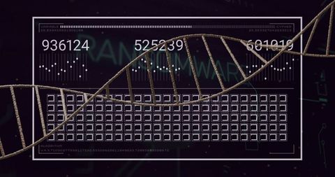 Textured dna helix crossing translucent data dashboard with numeric readouts