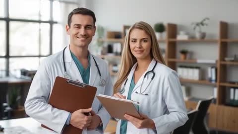 Two Doctors Reviewing Patient Charts and Collaborating in Modern Clinic Video Clip