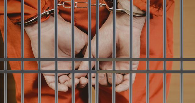 Composite of caucasian hands of man handcuffed behind prison bars wearing orange prisoner clothes. National pow, military, imprison, honor, vietnam war, memorial event and patriotism concept.