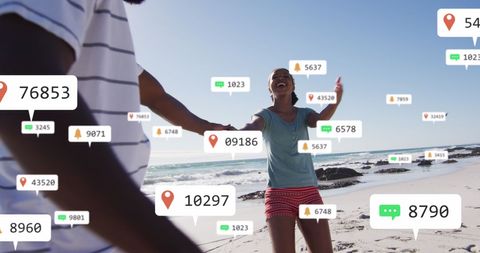 Joyful African American Couple on Beach with Social Media Overlays