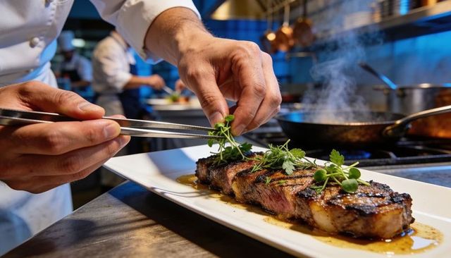 Chef placing microgreens on seared ribeye steak while plating at busy restaurant pass