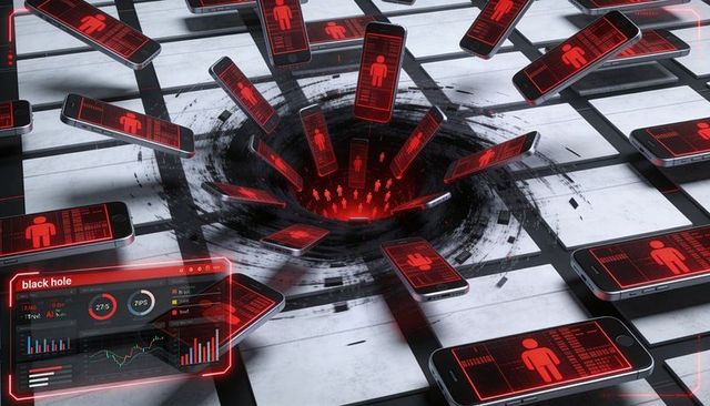 Digital black hole pulling smartphones into red hud vortex on white tiled grid