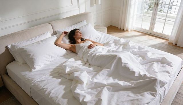 Woman resting on sunlit king bed wearing headphones and light camisole