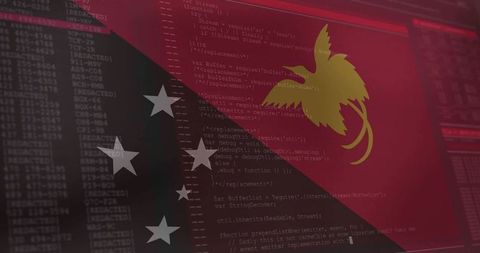 Papua New Guinea flag merging with digital code on dark terminal for cybersecurity concept