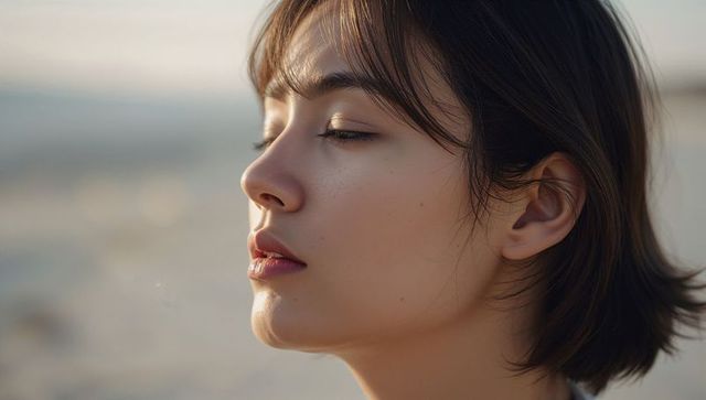 Serene asian woman closing eyes, tilting head back at beach during golden hour