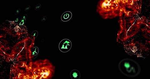 Neon futuristic ui glowing green island-tree icon, abstract space dashboard with nebula