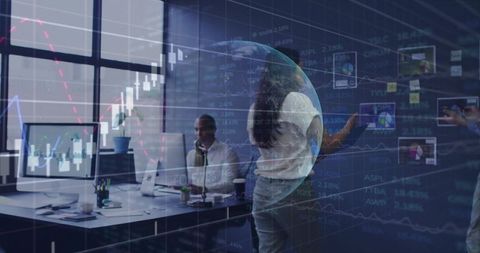 Woman Pointing at Digital Data Wall with Globe Hologram while Team Reviewing Analytics