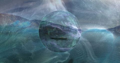 Surreal cosmic orb floating above calm sea with reflective barge and nebula bands