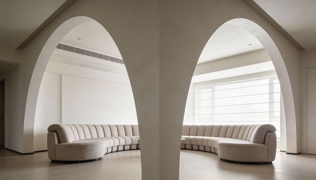 Curved beige sectional wrapping under dual architectural arches in minimalist living space
