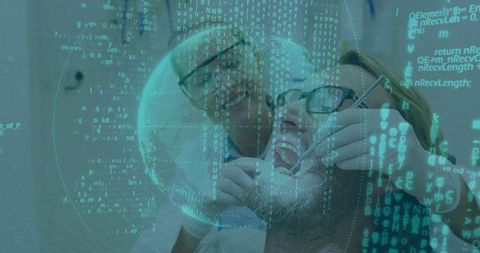 Futuristic dental checkup with holographic globe and teal code overlay, dentist examining