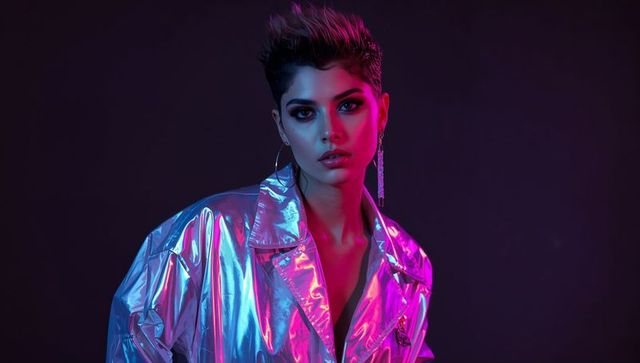 Stylish model in metallic jacket with neon lights