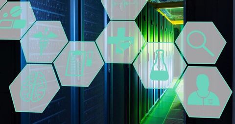 Healthcare data center visualizing ai diagnostics and secure medical cloud with server racks