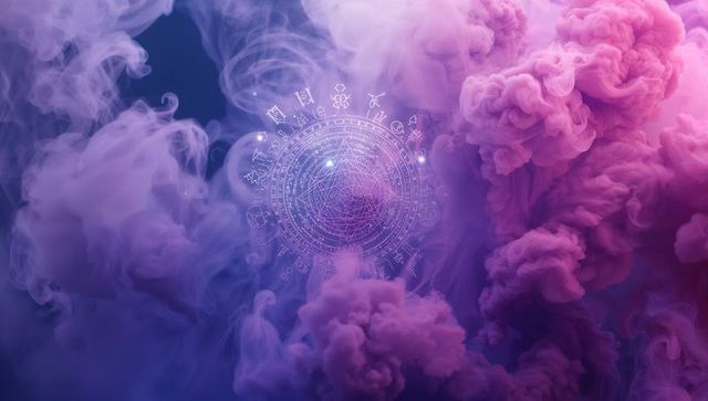Mystical Glyph Pattern Amidst Purple-Pink Smoke