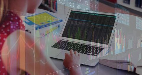 Teen girl typing on laptop with data analytics overlay studying finance and coding