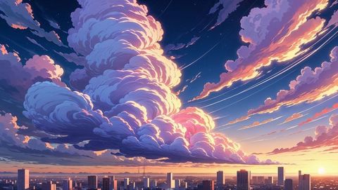 Magnificent urban anime skyline at dusk with towering billowing clouds