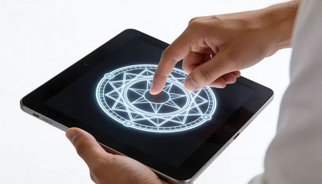 Holding and touching glowing geometric mandala on tablet touchscreen, futuristic interface