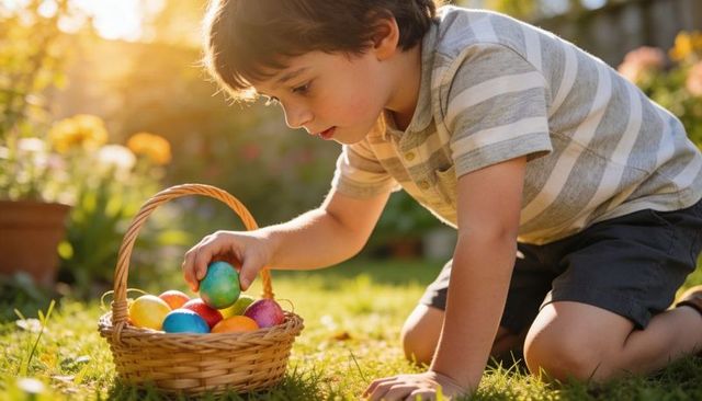 Young boy collecting colorful easter eggs in sunlit garden basket during spring celebration