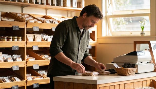 Baker arranging packaged pastries on wooden counter in cozy artisanal bakery interior