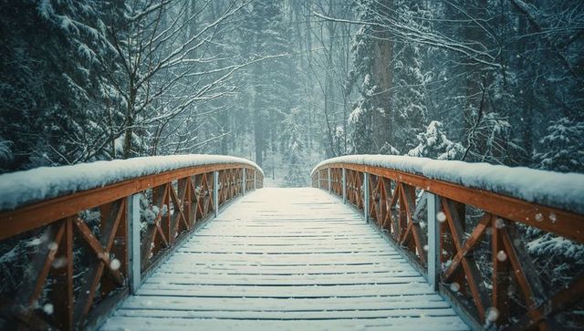 Serene snow-covered footbridge in winter forest pathway