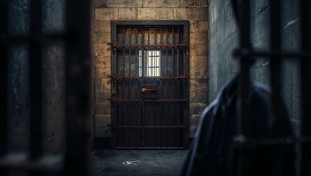 Dimly Lit Prison Cell with Steel Door and Handcuffs on Floor