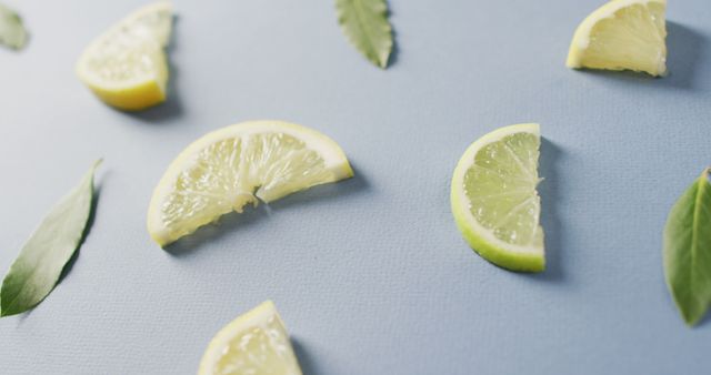 Lemon and lime slices are scattered on a light blue background, accompanied by green leaves. The composition highlights the freshness and vibrant colors of the citrus fruits. Ideal for use in culinary blogs, health and wellness articles, summer refreshment promotions, and visually appealing backgrounds in social media posts.