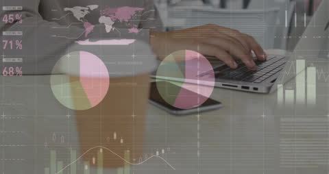 Businessman Analyzing Data on Laptop with Analytics Graphics Overlay