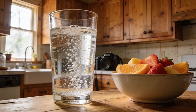 Focusing tall glass with rising bubbles on rustic kitchen table, fresh fruit bowl and dslr