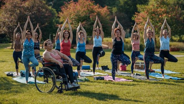 Inclusive Outdoor Yoga Class in Park with Wheelchair User