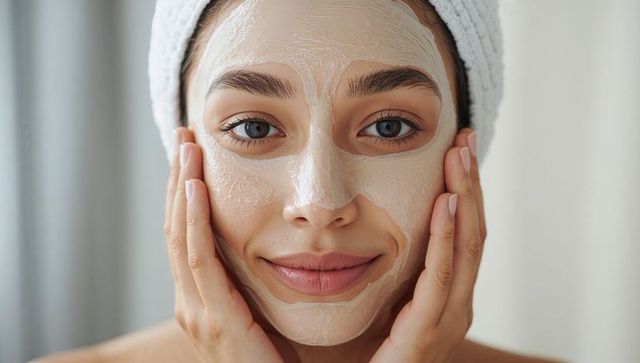 Young woman applying hydrating face mask with towel turban and manicured nails