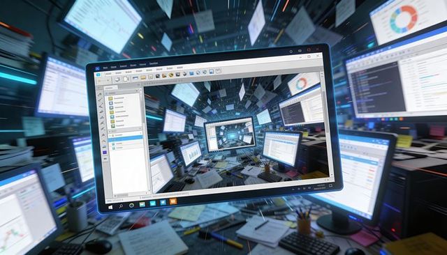 Recursive multimonitor workstation tunnel with cluttered desk, motion blur, digital flow