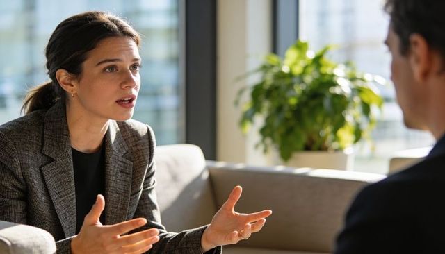 Woman executive talking and gesturing during business conversation in modern office lounge