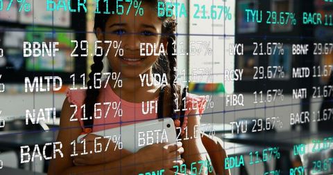 Digital Learning: Girl With Tablet Amid Financial Symbols