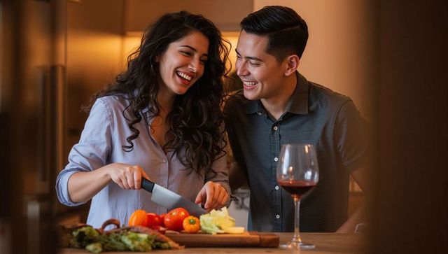 Smiling Couple Enjoying Cooking Together in Cozy Kitchen