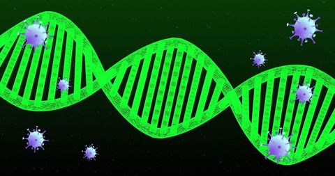 Futuristic DNA Helix with Violet Virus Particles on Green Background