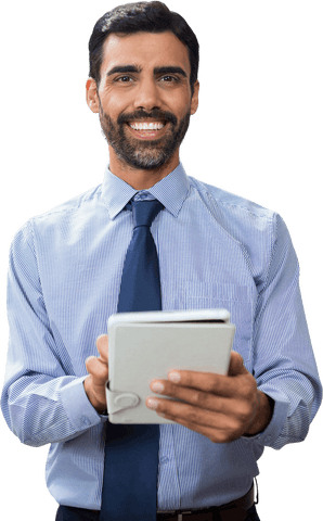 transparent smiling businessman holding modern tablet device - Download Free Stock Videos Pikwizard.com